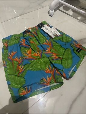 Hurley Blue Tropical Bird of Paradise Swim Trunks